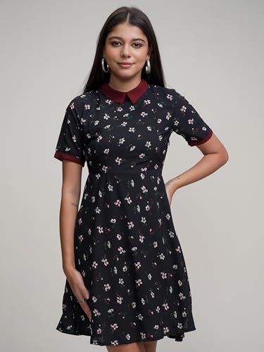 Image of Tokyo Talkies Women's Playful Floral A-Line Dress | Short Sleeves | High Neckline | Fun & Feminine Touch | Short Dress