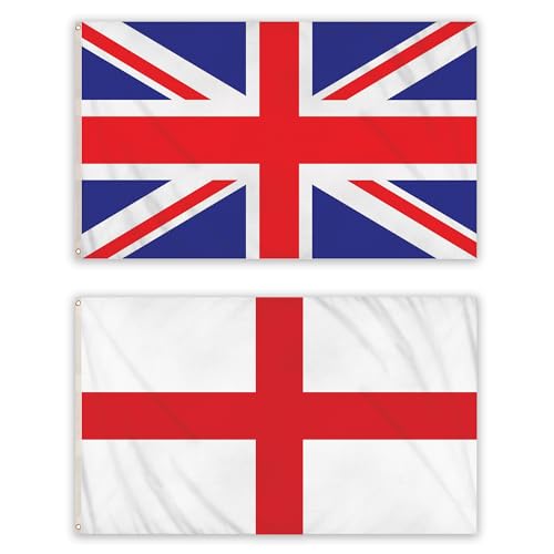 5x3ft Pack of 2 Flags - 1x Union Jack Flag 1x England St George - Large Flag with Eyelets Great Britain Indoor Outdoor Use Red White and Blue UK