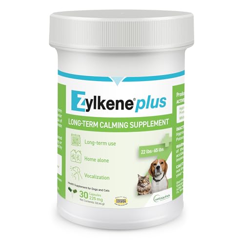 Vetoquinol Zylkene Plus Long-Term Calming Supplement with Alpha-Casozepine and White Fish Muscle Hydrolysate for Cats and Medium Dogs 22-65 lbs, Daily Behavioral Support for Dogs, 225 mg