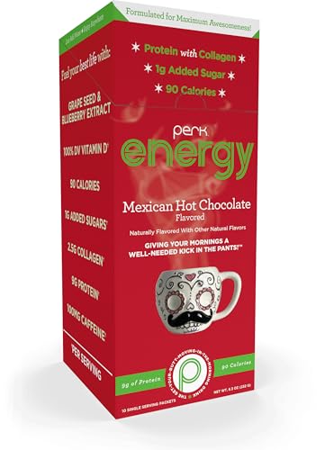 Image of Perk Energy Drink Mix (Mexican Hot Chocolate) 10 Stick Packs, Gluten-Free | Caffeinated Healthy Coffee Alternative with Protein, 100mg of Caffeine, Soy-Free, Peanut-Free