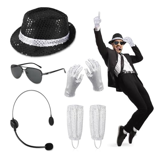 Accesorios de Disfraz MJ 7PCS, Del Rey Del Pop con Sombrero y Guantes de Lentejuelas Micrófono de Juguete Gafas de Sol Calcetines Plateados, Conjunto de Cosplay de Estrella de Baile de los Años 80 70
