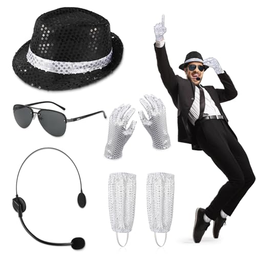 Accesorios de Disfraz MJ 7PCS, Del Rey Del Pop con Sombrero y Guantes de Lentejuelas Micrófono de Juguete Gafas de Sol Calcetines Plateados, Conjunto de Cosplay de Estrella de Baile de los Años 80 70
