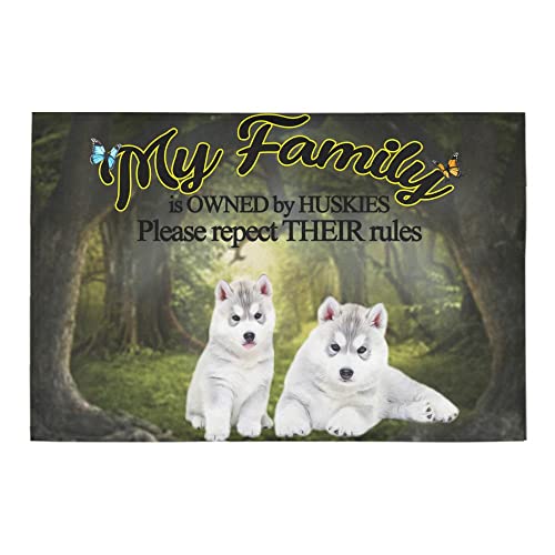 Husky Lovely Puppy Drawing in The Forest My Family Owned by Huskies Doormat, Meaningful Gift for Husky Dog Lover, Home Decor Gift for Husky Owner Anti-Slip Lovely Decor Floormat Entrance/Indoor