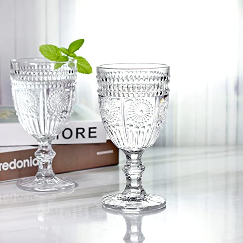 Wongblee Vintage Glass Goblets 11.8 Oz, Embossed Stemmed Glasses, Drinking Glasses For Wine, Water, Juice, Beverage, Set Of 6 (Clear) #TOP4