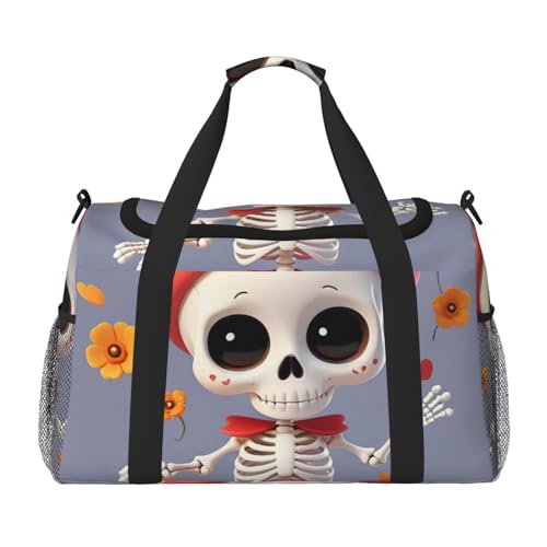 Cute Skeleton Dancing Print Travel Duffle Bag - Foldable Personal Item Travel Bag for Women & Men,Carry-On Convertible Crossbody Tote Bags with Adjustable Shoulder Strap & Pockets 13x10.2x19.7 in