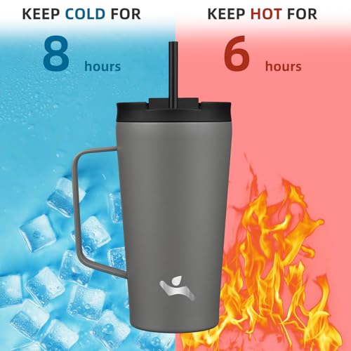 Image of Konokyo 18 oz Insulated Tumbler with Handle & Straw, Stainless Steel Mug