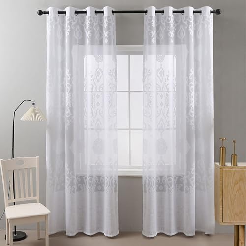 Homxi Cortina Habitacion Semitranslucidas 2 Paneles,2 x 130W x 245H CM,Cortinas Ventana Patrón de Florales Encaje Bordado Blanco Cortina Ventana Ojales