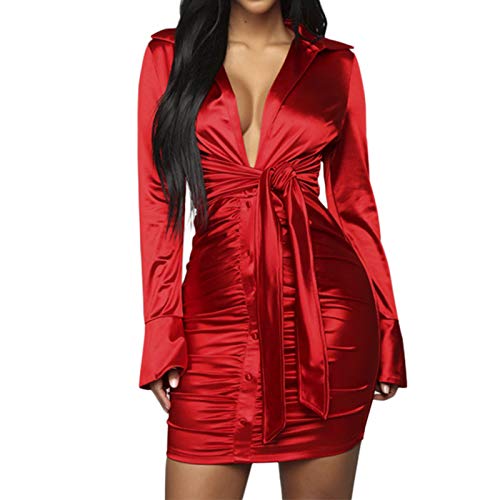 Sedrinuo Women Sexy Long Sleeve Club Outfits Dress Tie Front V Neck Ruched Mini Dresses Red