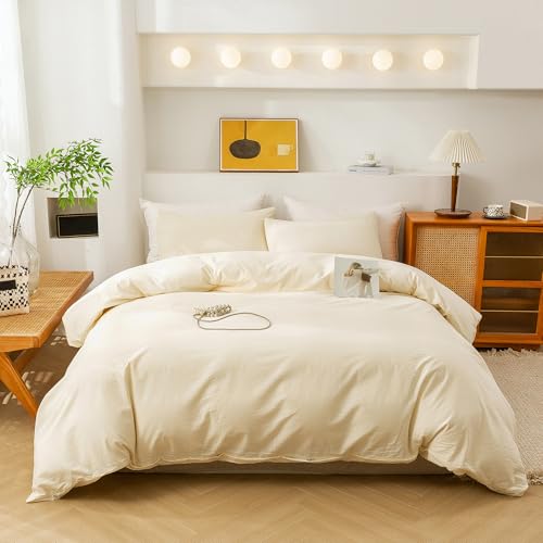 Image of ECOCOTT Duvet Cover Queen Size - 3 Piece 100% Washed Cotton Bedding Set, Soft and Breathable with Zipper Closure & 8 Corner Ties - Comfortable and Stylish for All Seasons (Cream)