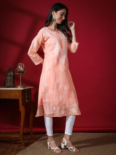 Image of Seva Chikan Hand Embroidered Lucknowi Chikankari Cotton Kurta Kurti for Women SCL4302