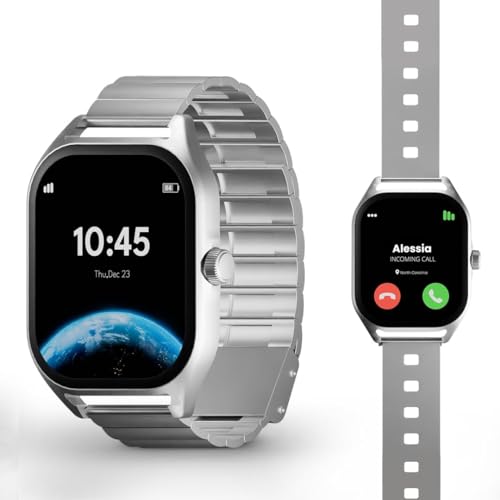 Voltma Nexus Smartwatch Hombres Mujeres, Pantalla AMOLED Impermeable 2.04', Llamadas Bluetooth, Podómetro con Asistente Voz, Frecuencia Cardíaca/Presión Arterial/SpO2 Sueño para Android/iOS (Plata)