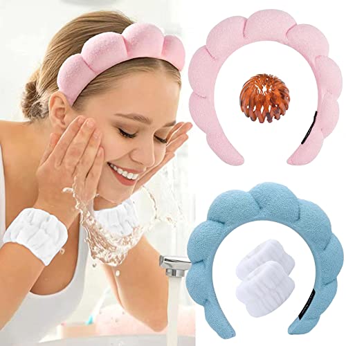YuanTu Store Set of 2 Headbands, Easy to Wear Makeup Headbands, Fluffy Spa Headbands that Don't Fall Off, Women Headbands for Face Washing, Yoga, Running, Makeup (Pink and Blue)