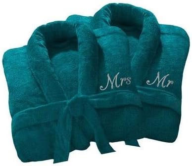 Home N Living Wedding Personalized Bathrobe His Her/Mr Wife 100% Cotton Terry Towel Bathrobes Extra Absorbent With Belt Bath Shower Anniversary Wedding Gift One Size Fits All M/L/XL Teal Mr/Mrs
