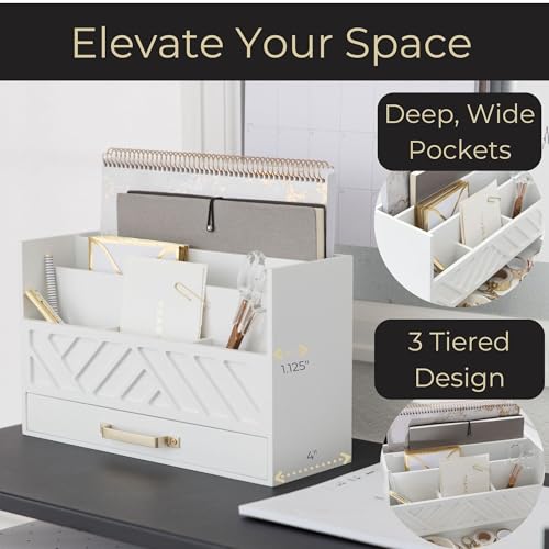 BLU MONACO White Wooden Mail Organizer with Drawer and Gold Handle – Desk Accessories for Office Organization and Storage – Home, Office, and Classroom Supplies - Thumbnail 3