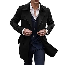 YSERB Mens Trench Coat Notched Lapel Double Breasted Long
