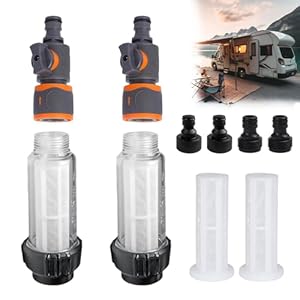 Peiyee 2 stuks waterfilter camper, waterfilter tuinslang, waterfilter camping incl. reservezeef met 3/4 inch sneladapter en regelventiel voor camper, caravan, caravan en bootaccessoires