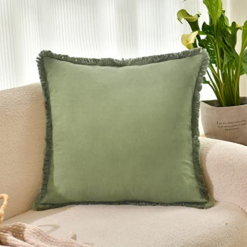 Zwjd Pillow Covers 18X18 Set Of 2 Olive Green Throw Pillow Covers With Fringe Chic Cotton Decorative Pillows Square Cushion Covers For Sofa Couch Bed Living Room Farmhouse Boho Decor #TOP1