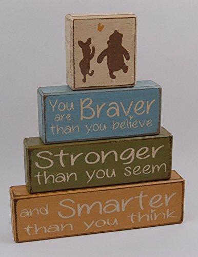 Image of Winnie The Pooh Classic-You Are Braver Than YOu Believe-Stronger Than You Seem-Smarter Than You think - Primitive Country Wood Stacking Sign Blocks-Nursery Room-Baby Shower Gift-Boys