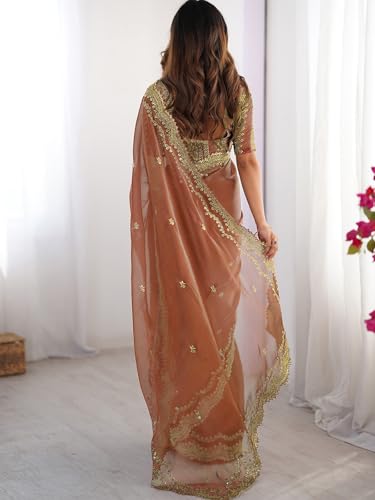 Image of Satrani Women's Shimmer Chiffon Sequins Embroidery Saree with Unstitched Blouse Piece