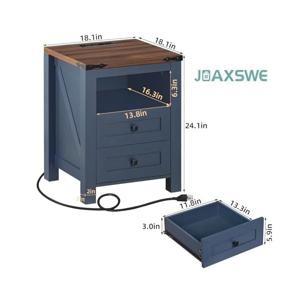 Nightstands set of 2 with charging station farmhouse night stand with 2 drawers and shelf storage wooden side end table bedside cabinet for bedroom living room closetoffice blue  urban country home decor