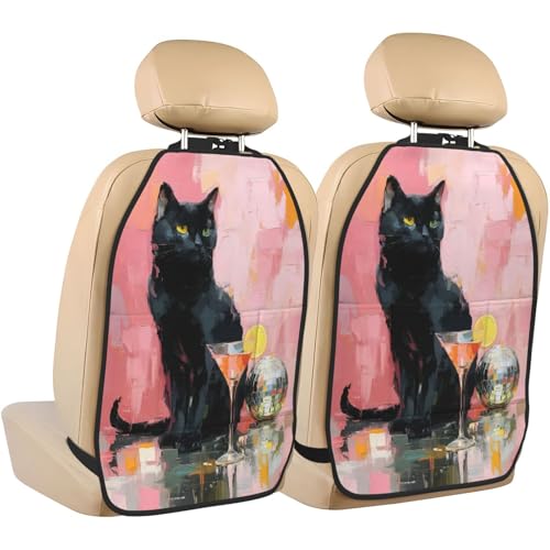 Black Cat And A Disco Ball Car Seat Back Kick Protectors,2 Pack Kick Mats With Storage Pockets For Vehicles To Protect From Dirt Mud Scratches