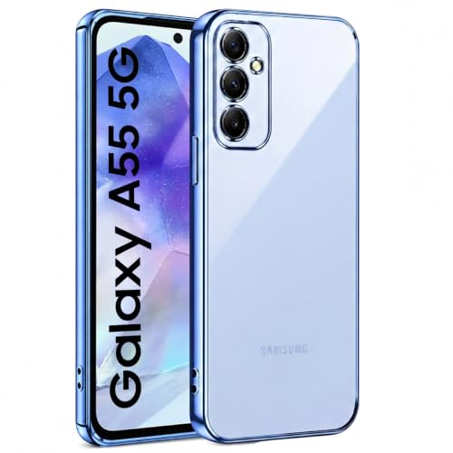 Image of VONZEE Clear Logo Electroplating Transparent Case for Samsung A55 5G, Magnetic Plating Electroplate TPU Cover, Individual Camera Protection for Each Lens - Sierra Blue