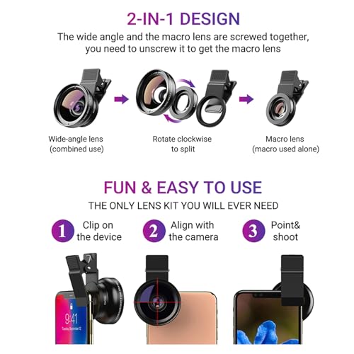 Apexel Phone Camera Lens, 2 in 1 Cell Phone Clip-on Lens Kit 0.45X Wide Angle Lens 140°+ 12.5X Macro Lens Clip-on iPhone Lens for iPhone Samsung and Most of Android Smartphone