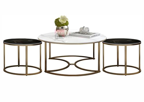 Image of 3 Piece Living Room Table Set, 1 White Center Table and 2 Black End Nesting Tables Round Stacking Coffee Side Table for Small Space, Nightstand Bedside Table for Restaurent and Hotels