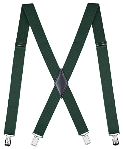 Mcvotcot Mens Suspenders X Back Adjustable 1.4 Wide with Heavy Duty Clips Hunter Green