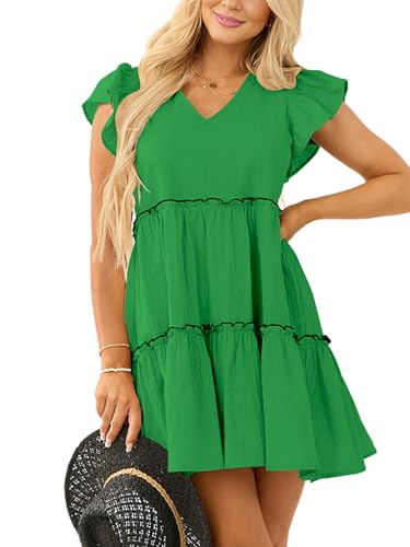 Image of Women's Summer Babydoll Mini Dress V Neck Tie Back Ruffle Sleeve Casual Tiered Loose Flowy Swing Tunic Shift Dress