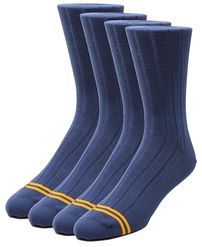 Men's Combed Cotton Socks, Seamless Toe, Flat Knit or Ribbed, Crew Length, Black, Navy or Brown Light Blue Ribbed 1PK (4 Pairs)