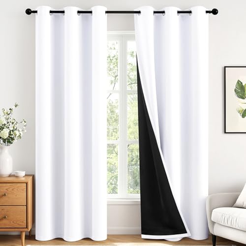 Image of MIULEE White 100% Blackout Curtains for Bedroom 40x84 Inch Long 2 Panels | 2 Thick Layers Thermal Insulated Window Curtains with Black Liner, Noise Reducing Grommet, Drapes for Living Room