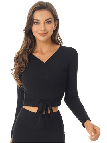 Freebily Top da Danza Classica Donna Cardigan a Manica Lunga Scaldacuore T-Shirt Scollo a V Maglia a Incrocio Top da Balletto Maglione Slim Fitness Ballerina Danza Moderna Nero S
