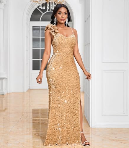 Image of Cololura Women Sexy Elegant Sequin High Split Ruffled Hem Mermaid Party Cocktail Bodycon Formal Evening Gowns Maxi Dress