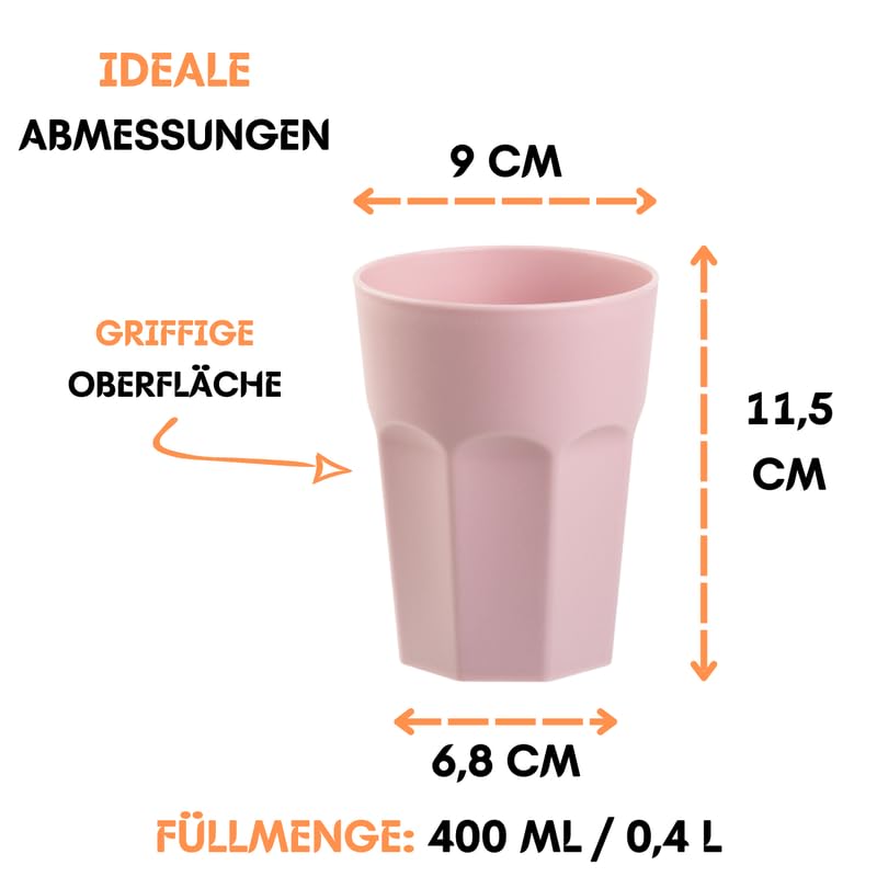 10 x Plastikbecher, Trinkbecher, Rosa, Pastellfarben, 400 ml, Eichstrich, bruchfest, stapelbar, Mehrweg, Kunststoff, wiederverwendbar, Party-Becher, Trink-Glas