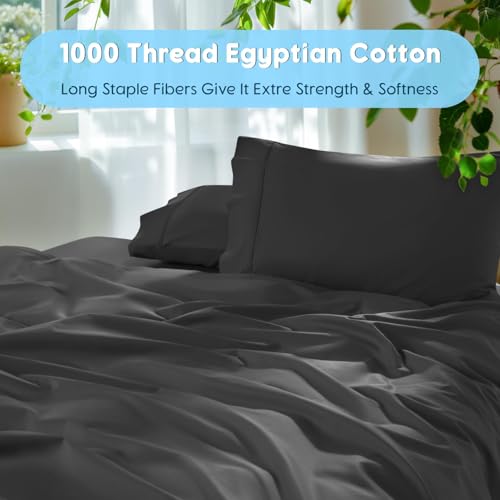 Image of SONORO KATE 1000 Series 100% Egyptian Cotton King Sheet Set,4 Pieces | Soft,Breathable Long Staple,Sateen Weave,Luxury 5-Star Hotel Bed Sheets,16 inch Deep Pocket,Black