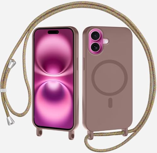 xinyunew Funda Magnética Compatible con iPhone 16,Carcasa Silicona TPU(Compatible con MagSafe Carga Inalámbrica), Ajustable Collar Correa Silicona Carcasa-Marrón