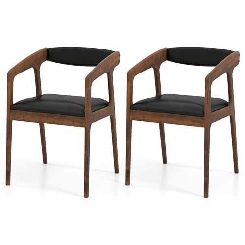 COSTWAY Dining Chairs with Arms Set of 2, Mid Century Modern Wooden Accent Chairs with Faux Leather Seat & Padded Backrest, Kitchen Side Armchairs for Living Dining Reading Room, Brown & Black