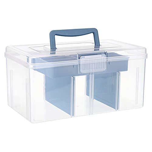 IGNPION Clear Craft Stackable Storage Box with Storage Tray Plastic 7-compartment Mulit Purpose Storage Container for Storing&Organising Toys, Arts Crafts, Stationery, Sewing, Fishing Tackle, Blue