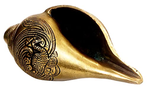 Purpledip Rare Collection Cruelty Free Vegan Blowing Shankh Conch in Antik-Finish Messing mit reichhaltiger Modellierung von hinduistischen religiösen Gottheiten Vishnu-Lakshmi (10384)