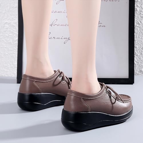 Image of Women's Leather Lace up Slip On Platform Loafers,Comfortable Arch Support Round Toe Wedge Moccasins Non-Slip Increase Height Nurse Work Shoes