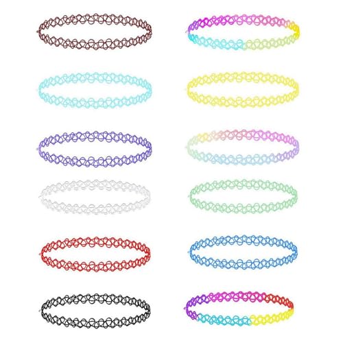 Heyumybi 12 Stück Choker Halsband Tattoo Kette Set,Elastische,Tattoo Halskette Mädchen Damen,Choker Gothic,Neon Kette für Mädchen Damen Kinder