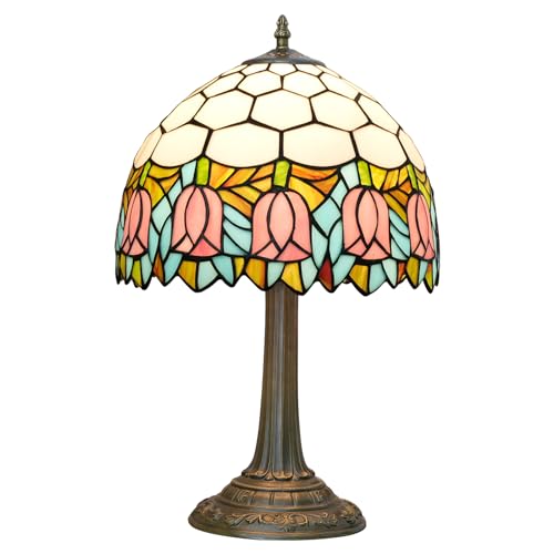 Lampe Tiffany Lampe en verre teinté Tulipe rose Lampe de table chambre à coucher Lampe de bureau lecture pour chevet Salon Bureau Dortoir Salle à manger...