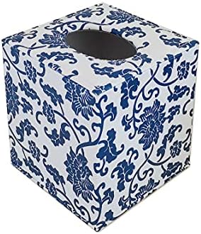 S Forever Home Decor Flower Pattern Faux Leather Tissue Box Cover (Square,Blue and White Porcelain)