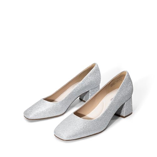 DREAM PAIRS Women's Low Chunky Heels Square Toe Pumps Comfortable Slip On Dress Shoes Wedding Party Office Shoes3