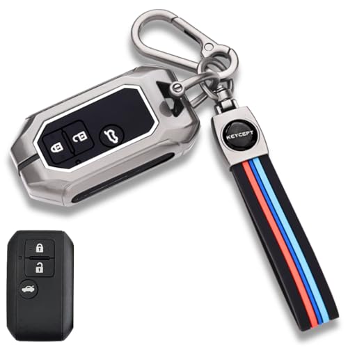 Image of KEYCEPT Metal Keycover for Suzuki Swift, Dzire, Ertiga, Brezza, Fronx, Jimny, Ignis, Rumion, Hyryder, E-Vitara, Victoris 3 Button Smart Key with Keychain (Long Keychain).