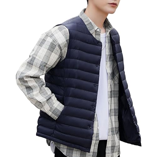 Maiyifu-GJ Men Collarless Padded Down Vest V-Neck Button Quilted Thicken Vest Coat Lightweight Winter Warm Sleeveless Jacket - Main Image