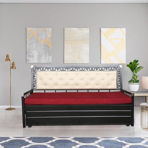 Image of Rexo Metal Sofa Cum Bed with Hydraulic Storage | 3 Seater Convertible Sofa Bed for Living Room | Heavy Duty Metal FrameMatte Black Finish with Maroon Cushion, Single