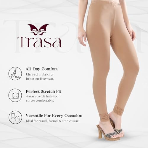 Image of TRASA Ultra Soft Cotton 4 Way Stretchable Churidar Solid Regular and Plus 20 Colours Leggings for Womens and Girls -Sizes :-M, L, XL, 2XL, 3XL, 4XL, 5XL, 6XL