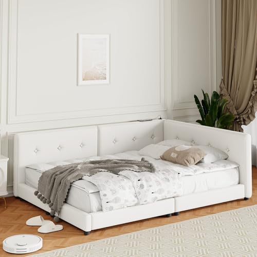 Beige Upholstered Platform Bed with USB Ports, Modern Soft Fabric
